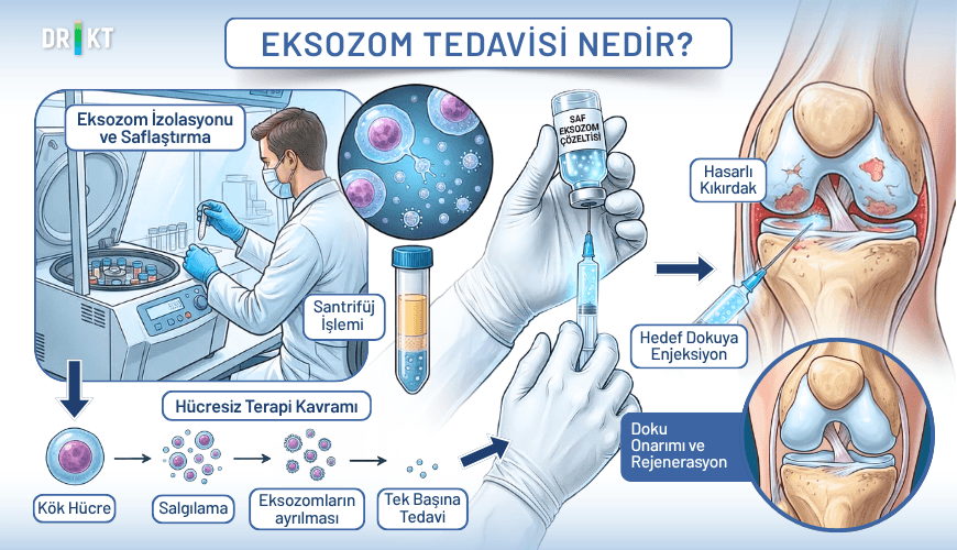 Laboratuvar ortamında hastadan veya donörden elde edilen iyileştirici moleküller, eksozom tedavisi ile doğrudan hasarlı dokulara ulaştırılır.