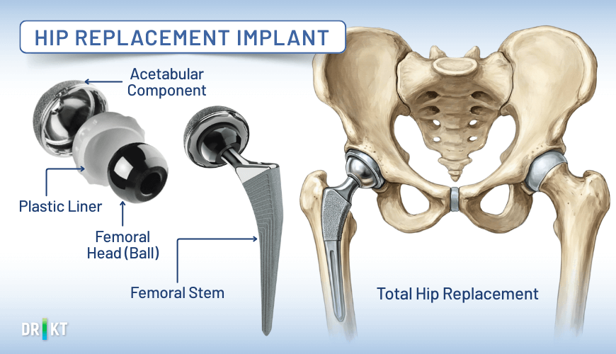 An artificial joint for a hip replacement consists of a metal stem, a ceramic or metal ball, and a durable socket to fit into the pelvis.