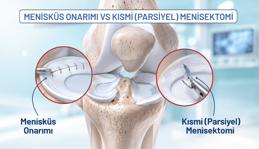 Menisküs onarımı (dikiş/tamir) dokuyu koruyarak iyileşmeyi hedefler. Hasarlı parçanın alınması (parsiyel menisektomi) ise yırtık kısmın çıkarılmasıdır.