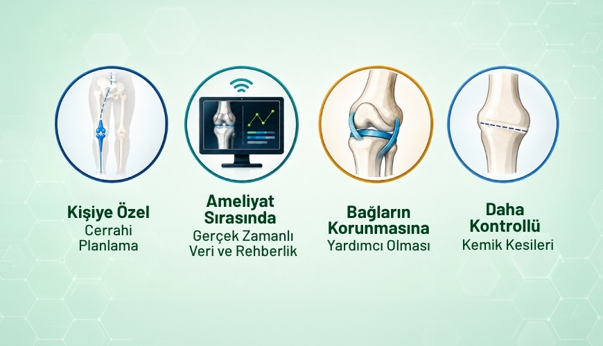 Robotik destek; kişiye özel planlama, gerçek zamanlı rehberlik, bağ dengesinin korunması ve kontrollü kemik kesileri sağlar.